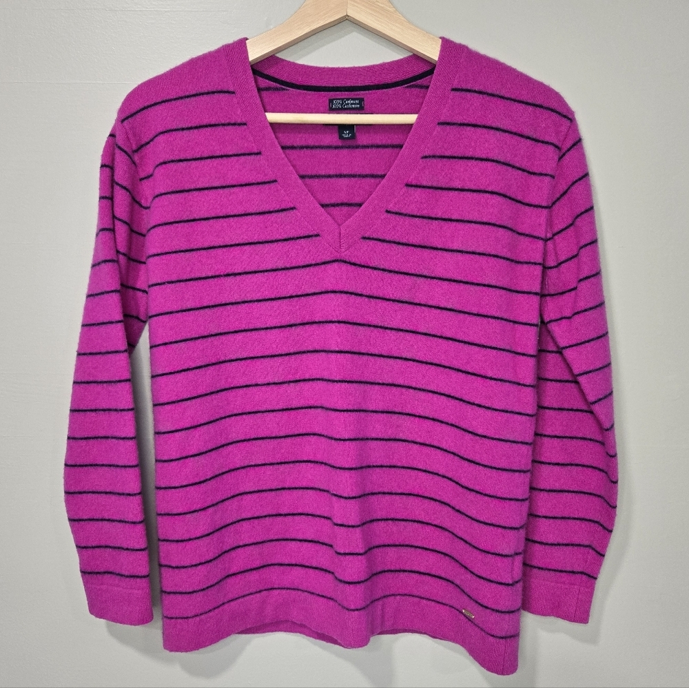 Tommy Hilfiger Women's V-Neck Striped Sweater 100% Cashmere